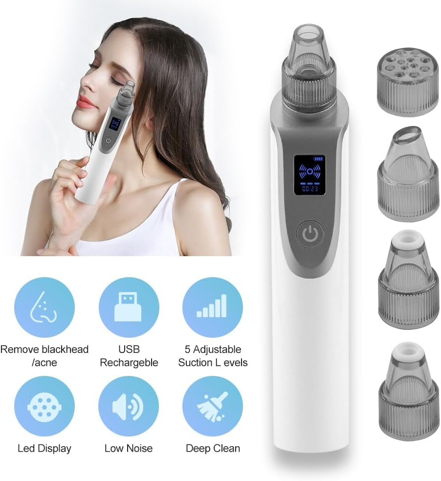 Blackhead Remover Pore Vacuum, Face Vacuum Pore Cleanser, 5 Probes, LED Display (White)