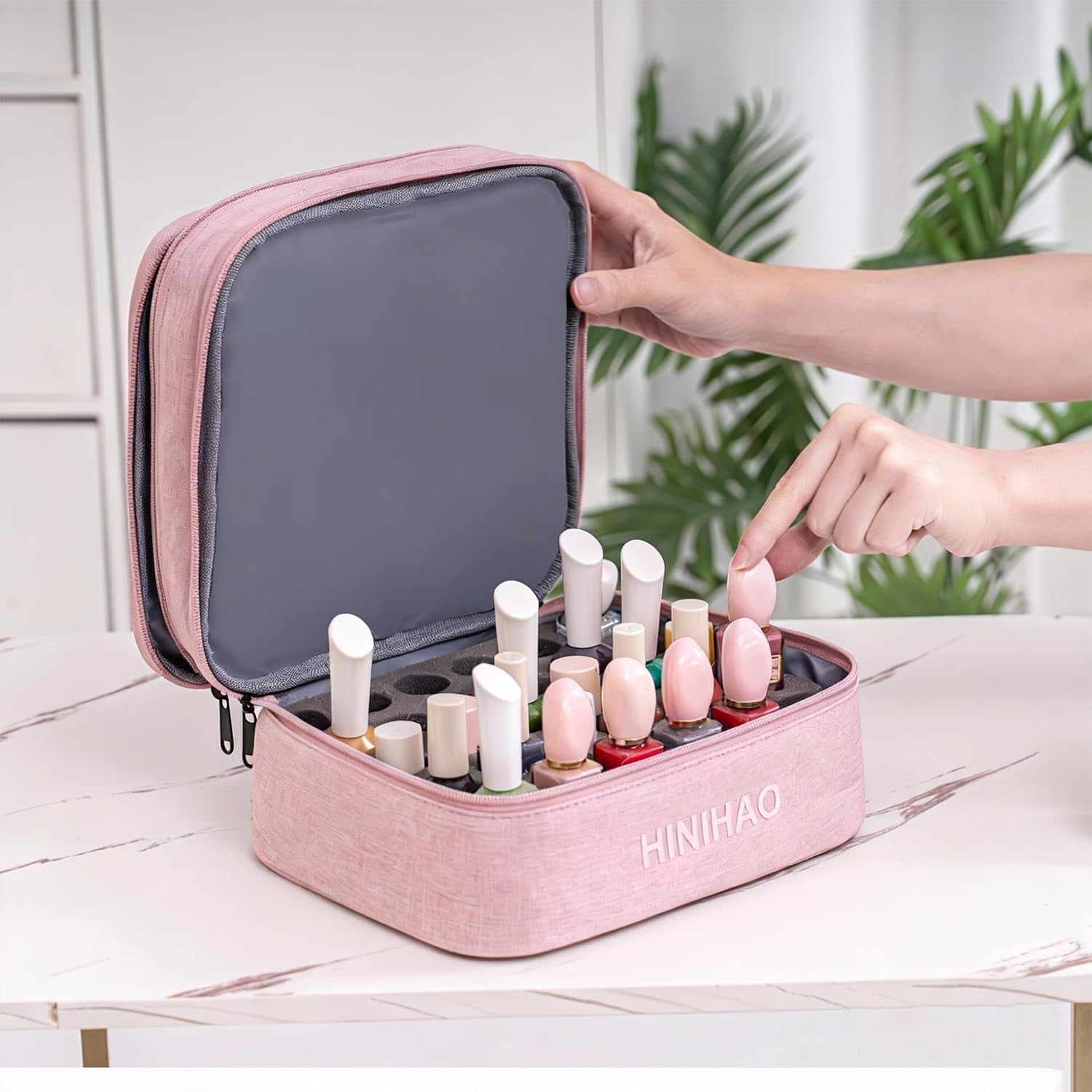 Makeup Bag, Portable Cosmetic Bag, Travel Makeup Organizer with Handle and Divider, Double Layer Large Organizer Bag, Adjustable Dividers and Brush Organize Area- Pink (Makeup Bag-Small)