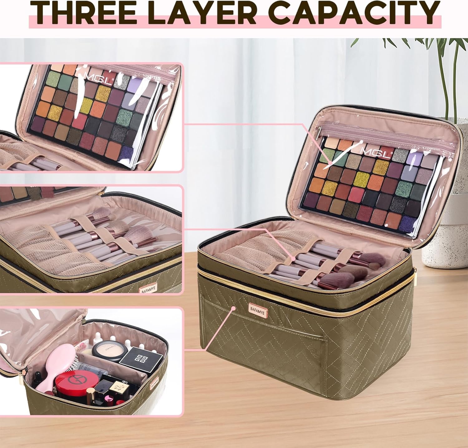 Double Layer Travel Makeup Bag Women, Large Cosmetic Case, Organizer for Travel-