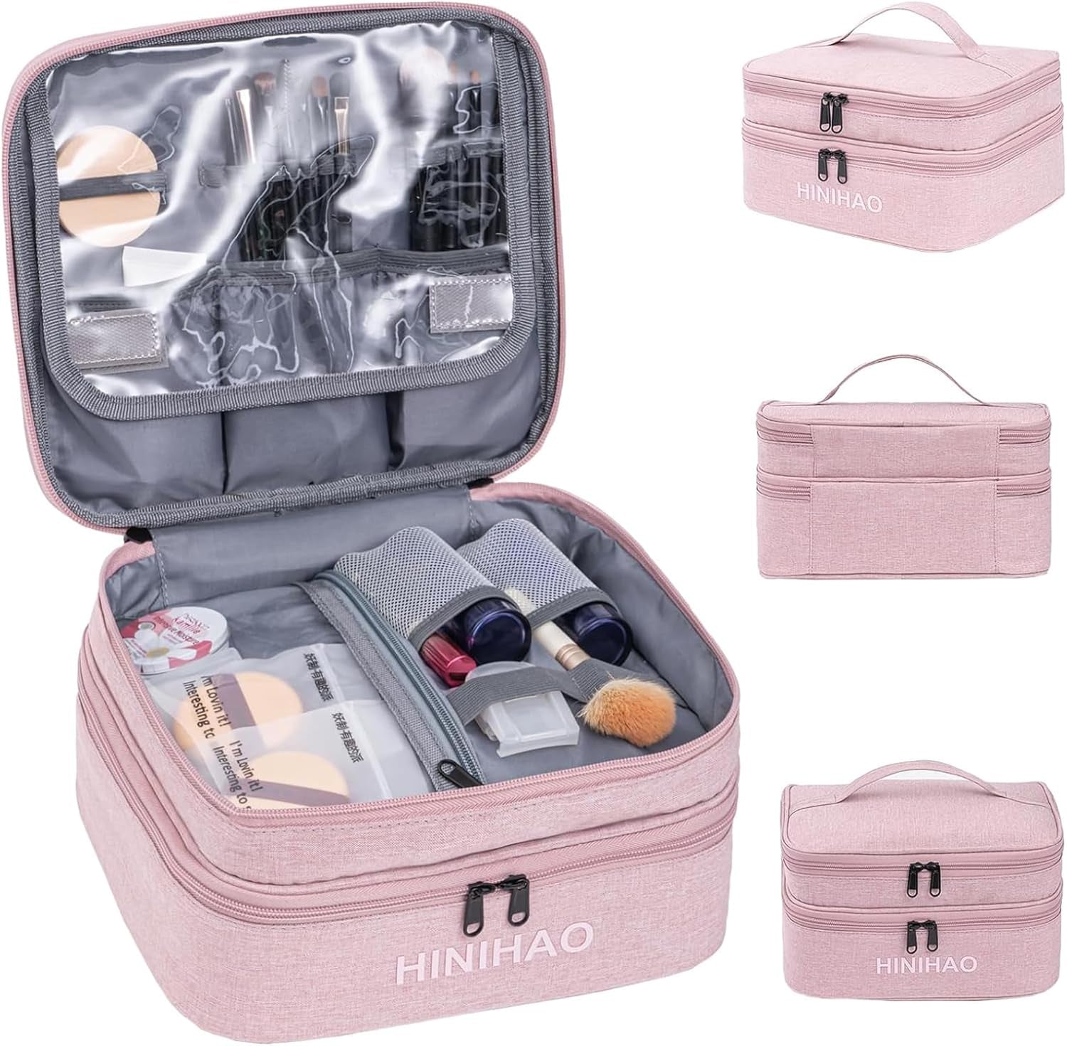 Makeup Bag, Portable Cosmetic Bag, Travel Makeup Organizer with Handle and Divider, Double Layer Large Organizer Bag, Adjustable Dividers and Brush Organize Area- Pink (Makeup Bag-Small)