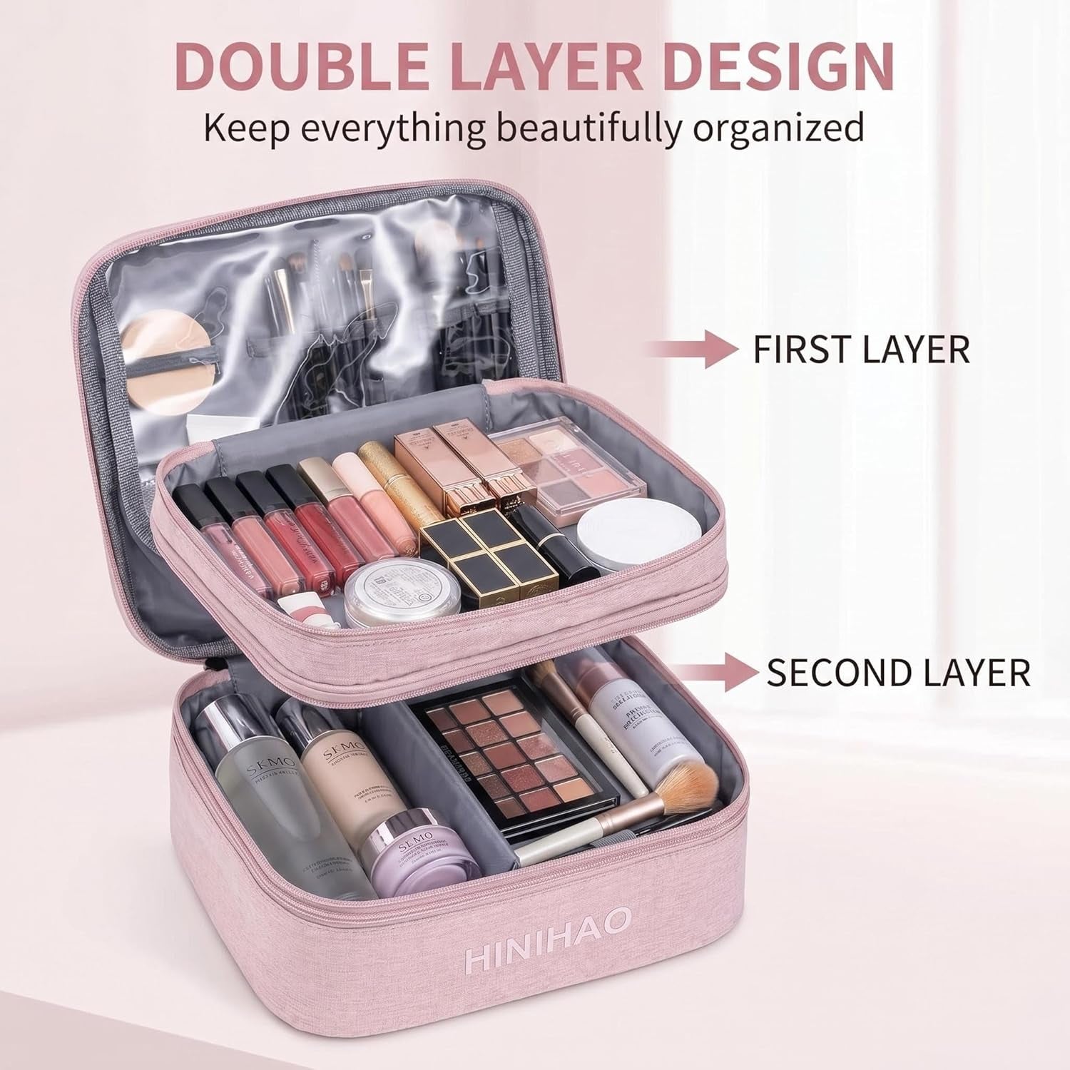 Makeup Bag, Portable Cosmetic Bag, Travel Makeup Organizer with Handle and Divider, Double Layer Large Organizer Bag, Adjustable Dividers and Brush Organize Area- Pink (Makeup Bag-Small)