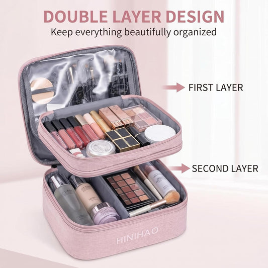 Makeup Bag, Portable Cosmetic Bag, Travel Makeup Organizer with Handle and Divider, Double Layer Large Organizer Bag, Adjustable Dividers and Brush Organize Area- Pink (Makeup Bag-Small)