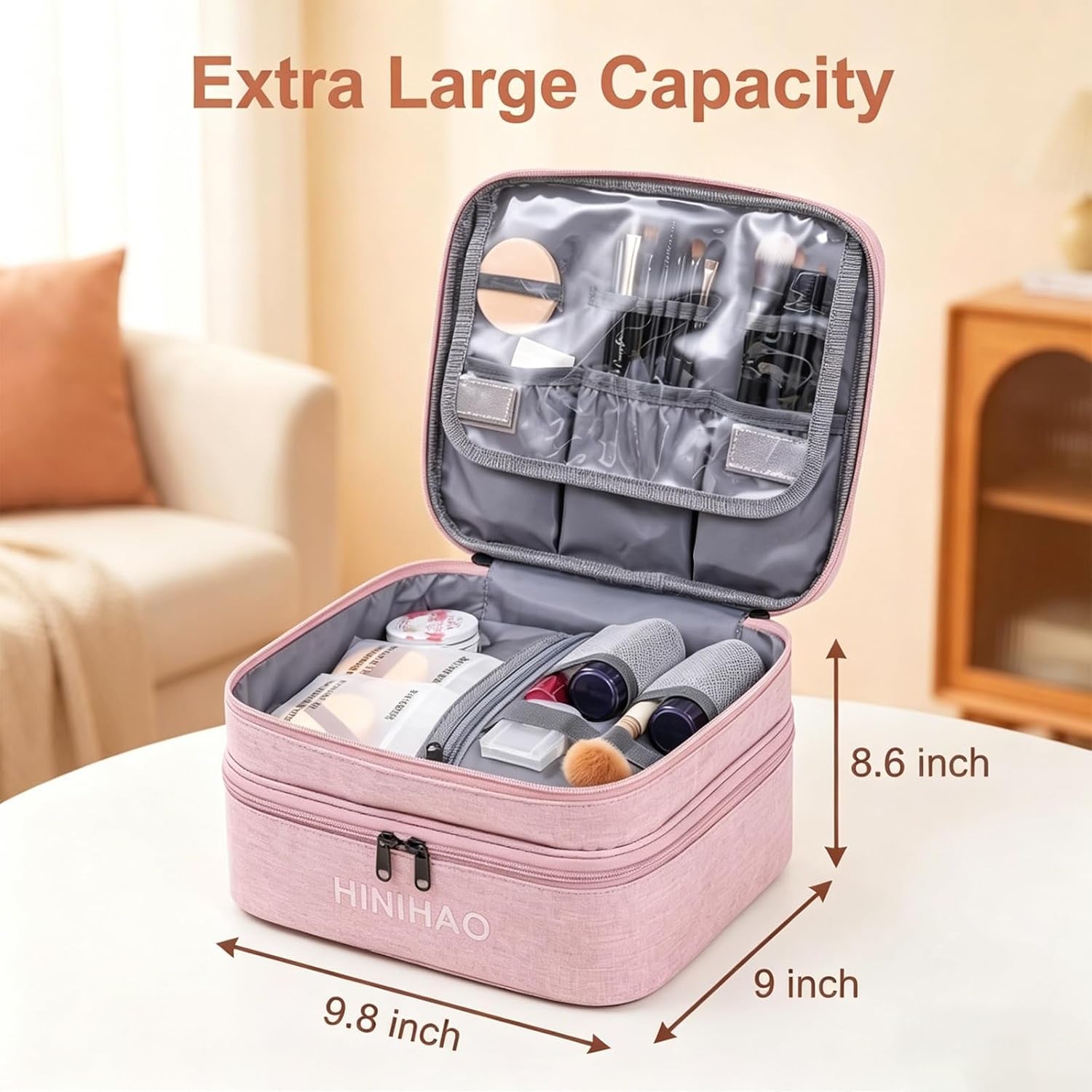 Makeup Bag, Portable Cosmetic Bag, Travel Makeup Organizer with Handle and Divider, Double Layer Large Organizer Bag, Adjustable Dividers and Brush Organize Area- Pink (Makeup Bag-Small)