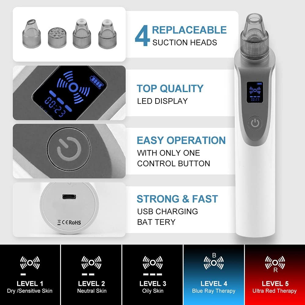 Blackhead Remover Pore Vacuum, Face Vacuum Pore Cleanser, 5 Probes, LED Display (White)