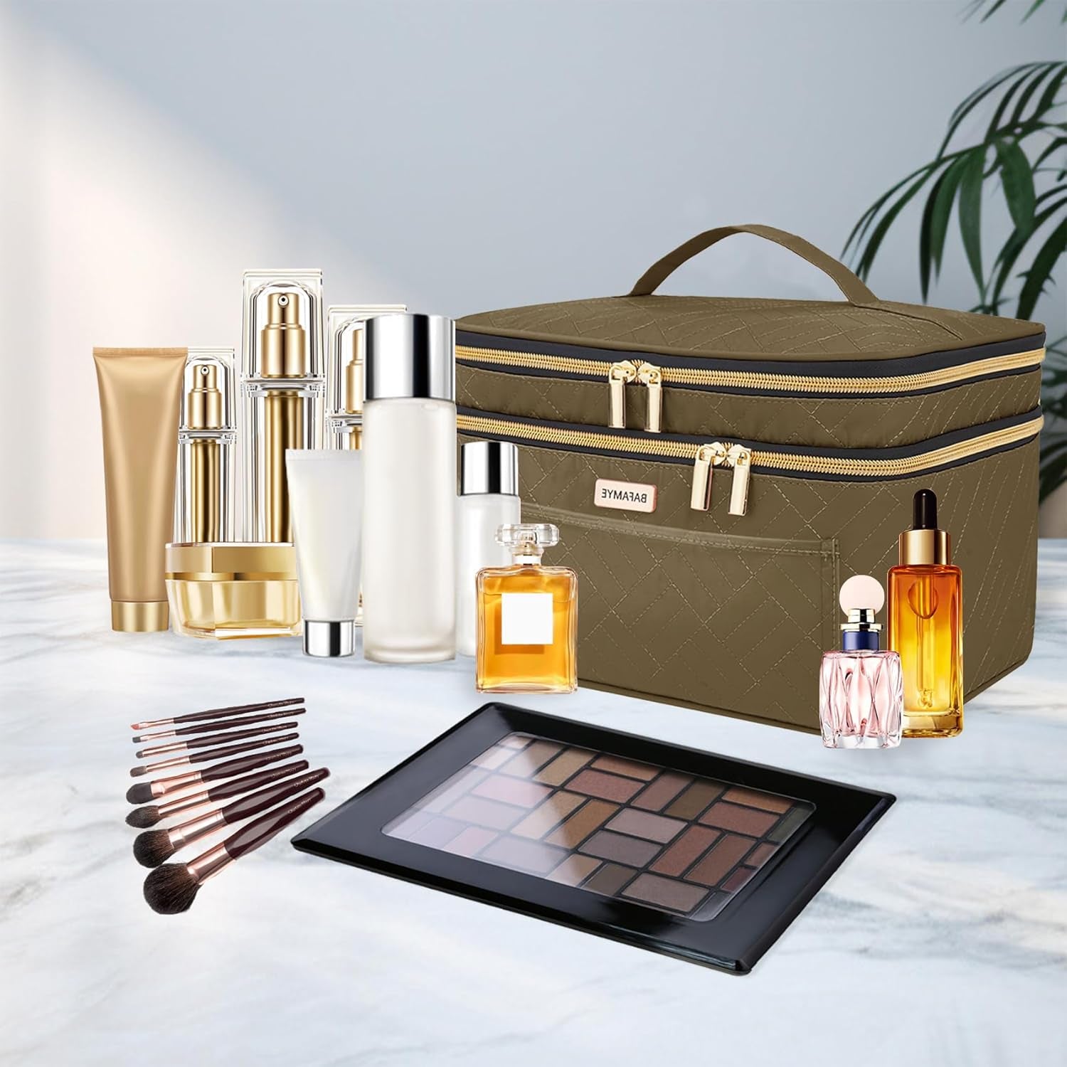 Double Layer Travel Makeup Bag Women, Large Cosmetic Case, Organizer for Travel-